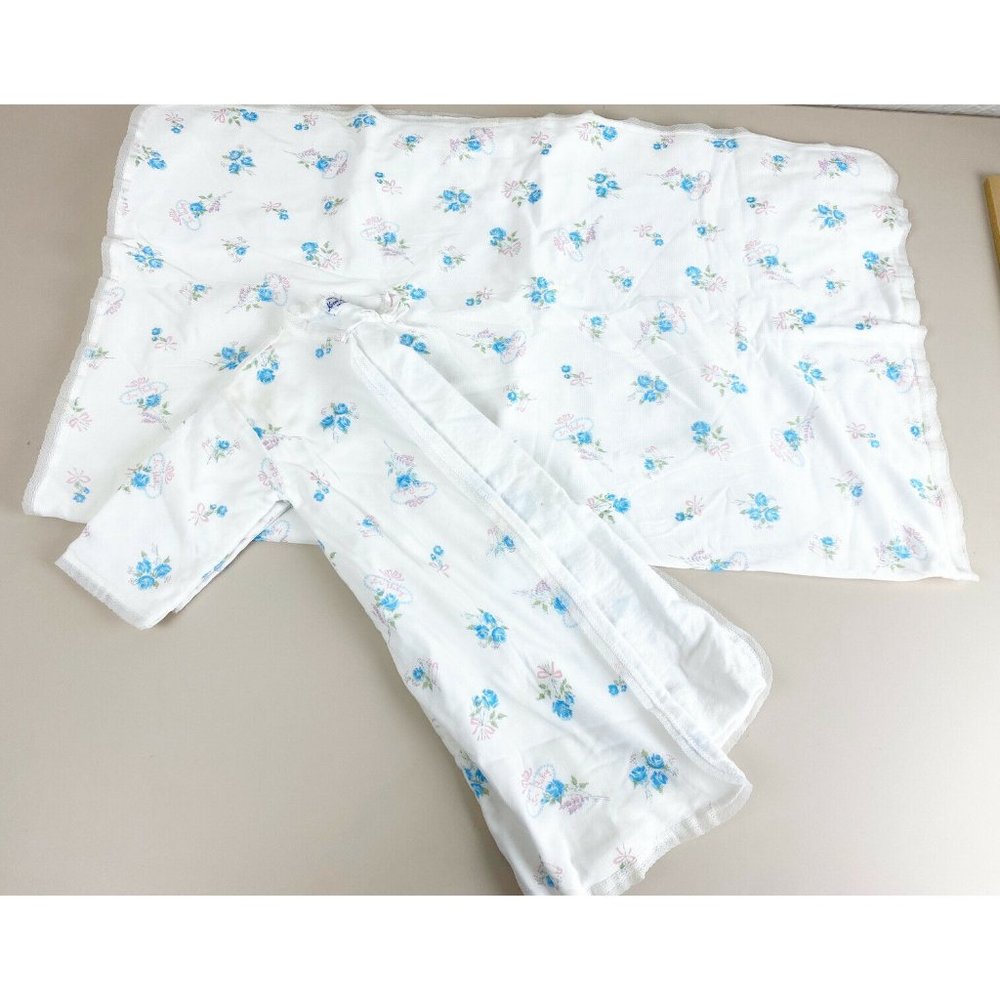 Vintage Kozee Komfort Baby Blanket  & Outfit Blue Flowers Lace Edge Soft EUC